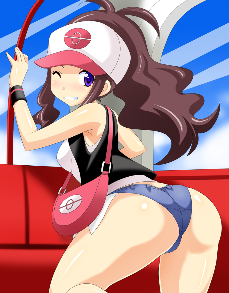 ass, ass hanging out of shorts, baseball cap, blue eyes, blush, booty shorts, brown hair, clothes, female, fully clothed, hat, hilda (pokemon), looking back, micro shorts, minishorts, pokemon, short shorts, shorts, wink