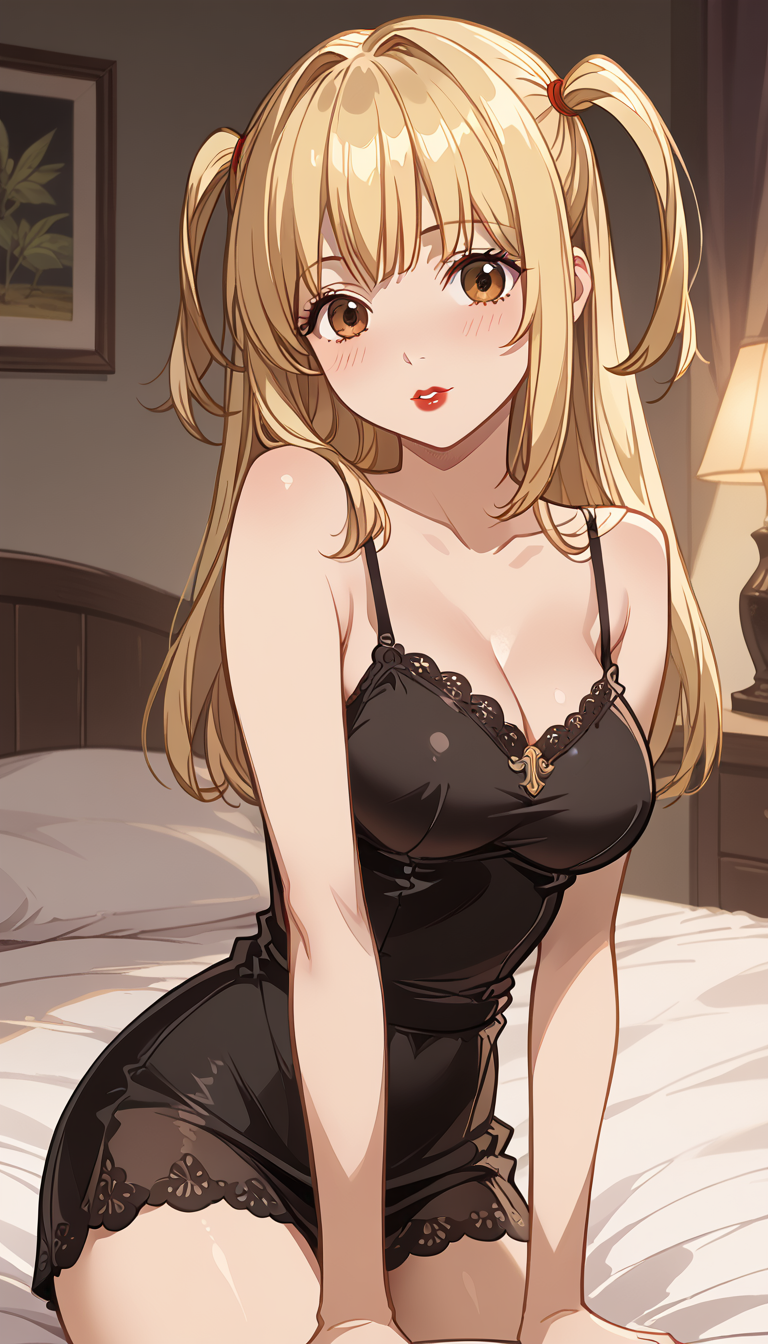 1girls ai_generated arm_support bangs bare_arms bare_shoulders bed bed_sheet bedroom black_dress blonde_hair blush breasts brown_eyes cleavage collarbone covered_navel death_note desk_lamp dress indoors lace_trim lamp large_breasts lipstick long_hair looking_at_viewer makeup medium_breasts misa_amane natsuyoru nightgown on_bed parted_lips picture_frame pillow red_lips red_nails short_dress sidelocks sitting sleeveless sleeveless_dress solo spaghetti_strap thighs two_side_up