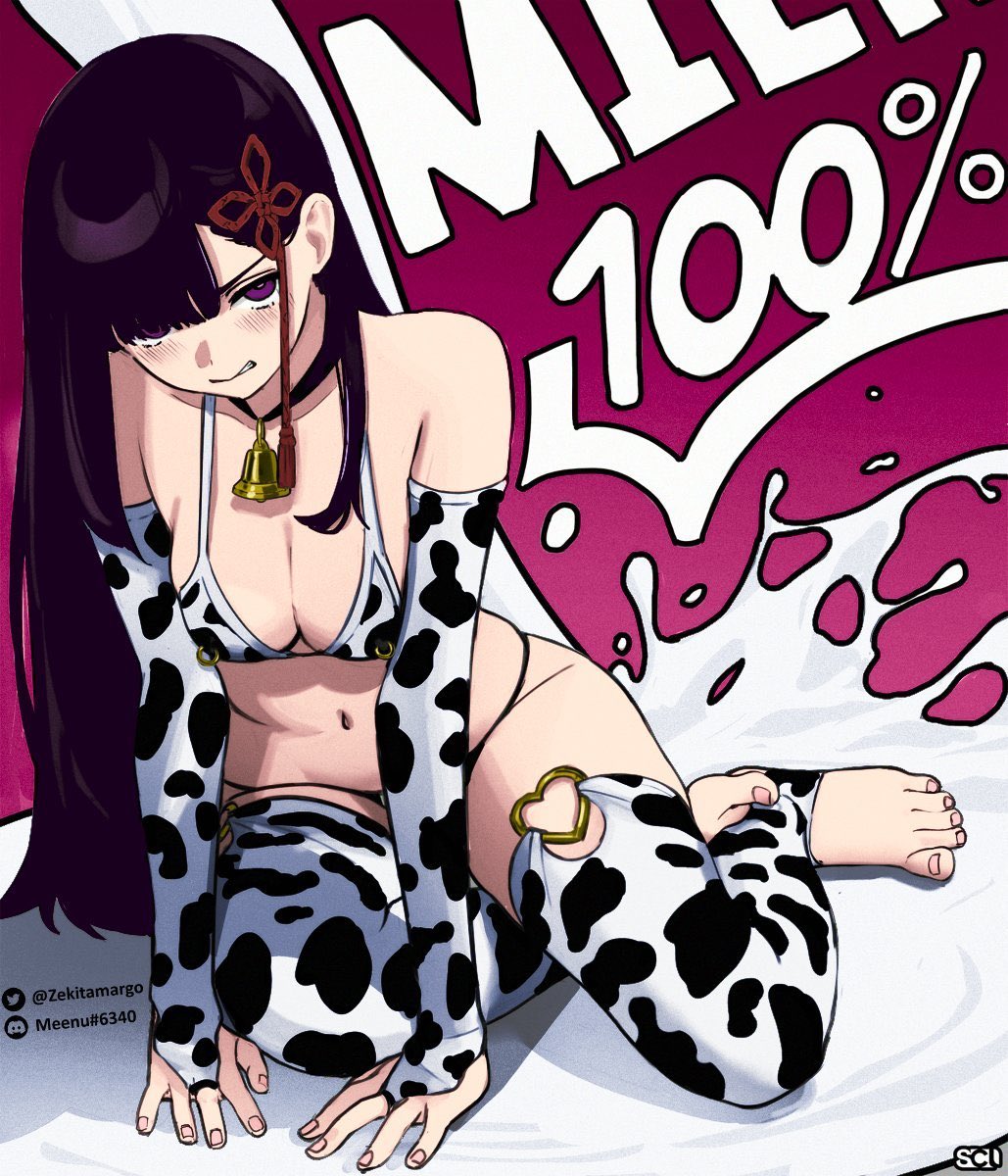 alex_cast alex_cast65 animal_print bikini blunt_bangs bridal_gauntlets commentary cow_print glaring hair_ornament highres hime_cut kneeling mato_seihei_no_slave milk parted_bangs purple_background swimsuit thighhighs yamashiro_ren