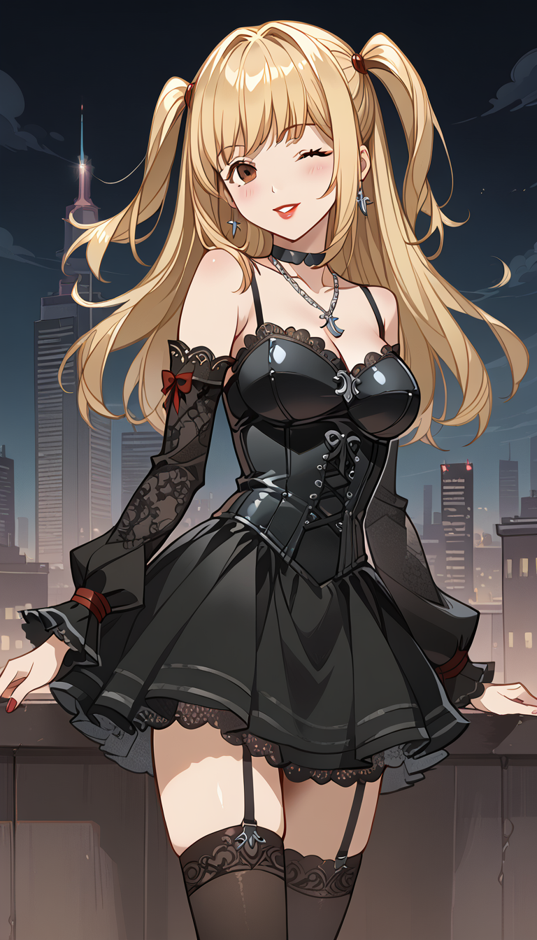 1girls ai_generated bangs bare_shoulders black_choker black_dress black_garter_straps black_skirt black_sleeves black_thighhighs blonde_hair blush bow breasts brown_eyes building choker city cityscape cleavage collarbone corset cowboy_shot cross cross_earrings cross_necklace death_note detached_sleeves dress earrings frills garter_straps jewelry lace-trimmed_dress lace_trim lipstick long_hair long_sleeves looking_at_viewer makeup medium_breasts misa_amane nail_polish natsuyoru necklace night night_sky one_eye_closed outdoors parted_lips puffy_sleeves red_bow red_lips red_nails short_dress sidelocks skirt sky skyscraper smile solo spaghetti_strap standing thighhighs thighs two_side_up underbust zettai_ryouiki