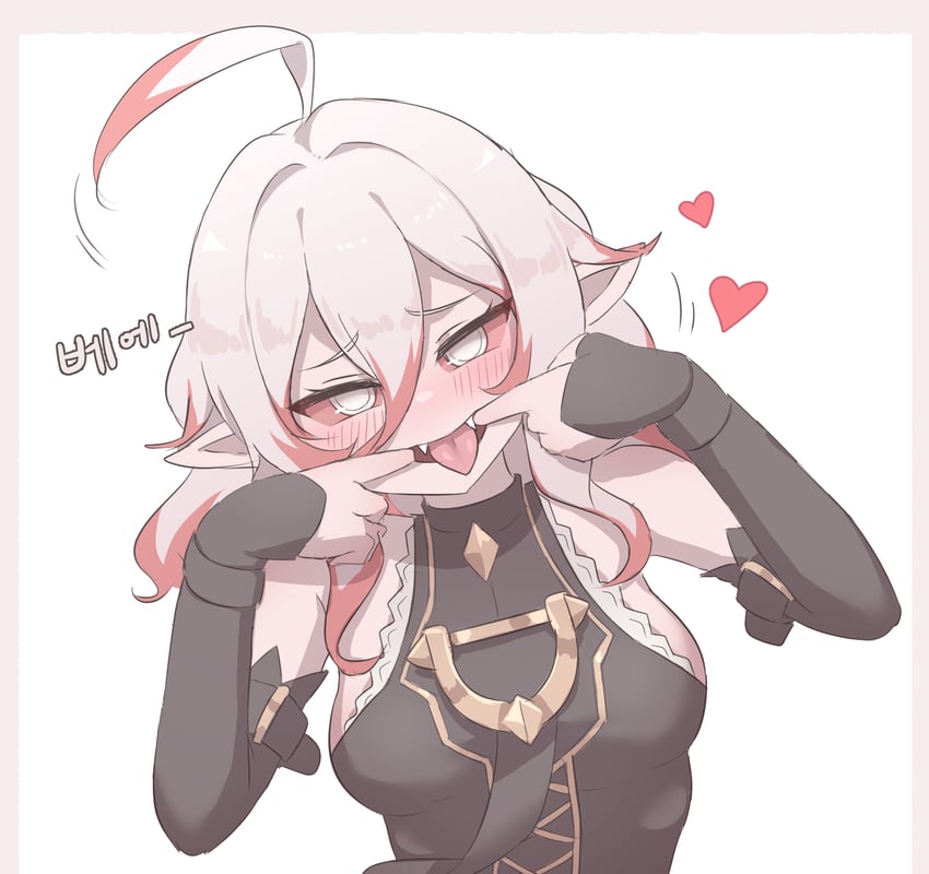 blush briar_(league_of_legends) elf_ears fangs fingers_in_mouth heart heart_symbol red_streak tagme tongue tongue_out white_hair