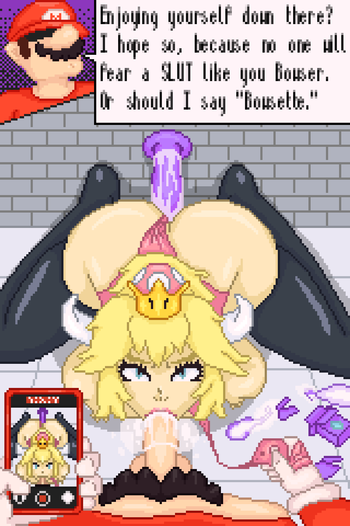 blonde_hair blowjob blowjob_pov bowser bowsette condom condom_wrapper dildo dildo_penetration dripping_cum leash leggings mario mario_(series) messy_cum panties panties_aside pink_panties pixel_art pov purple_dildo recording recording_on_phone rule_63 shyn337gf slut_collar super_crown used_condom