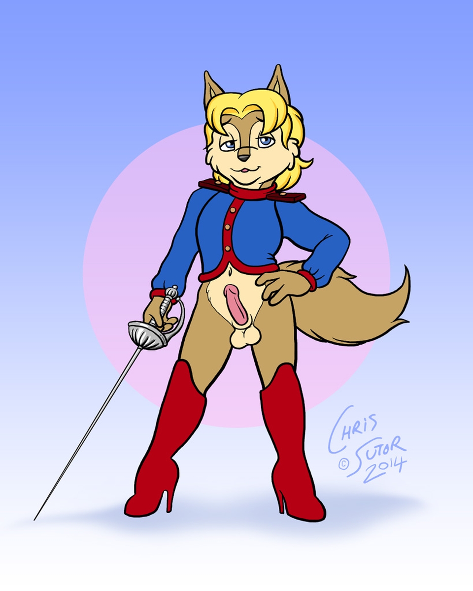 1boy 2014 anthro antoine_d'coolette balls boots canine chris_sutor clothing coyote femboy footwear girly high_heels male male_anthro male_only mammal melee_weapon navel penis solo sonic_(series) sword trap uniform weapon