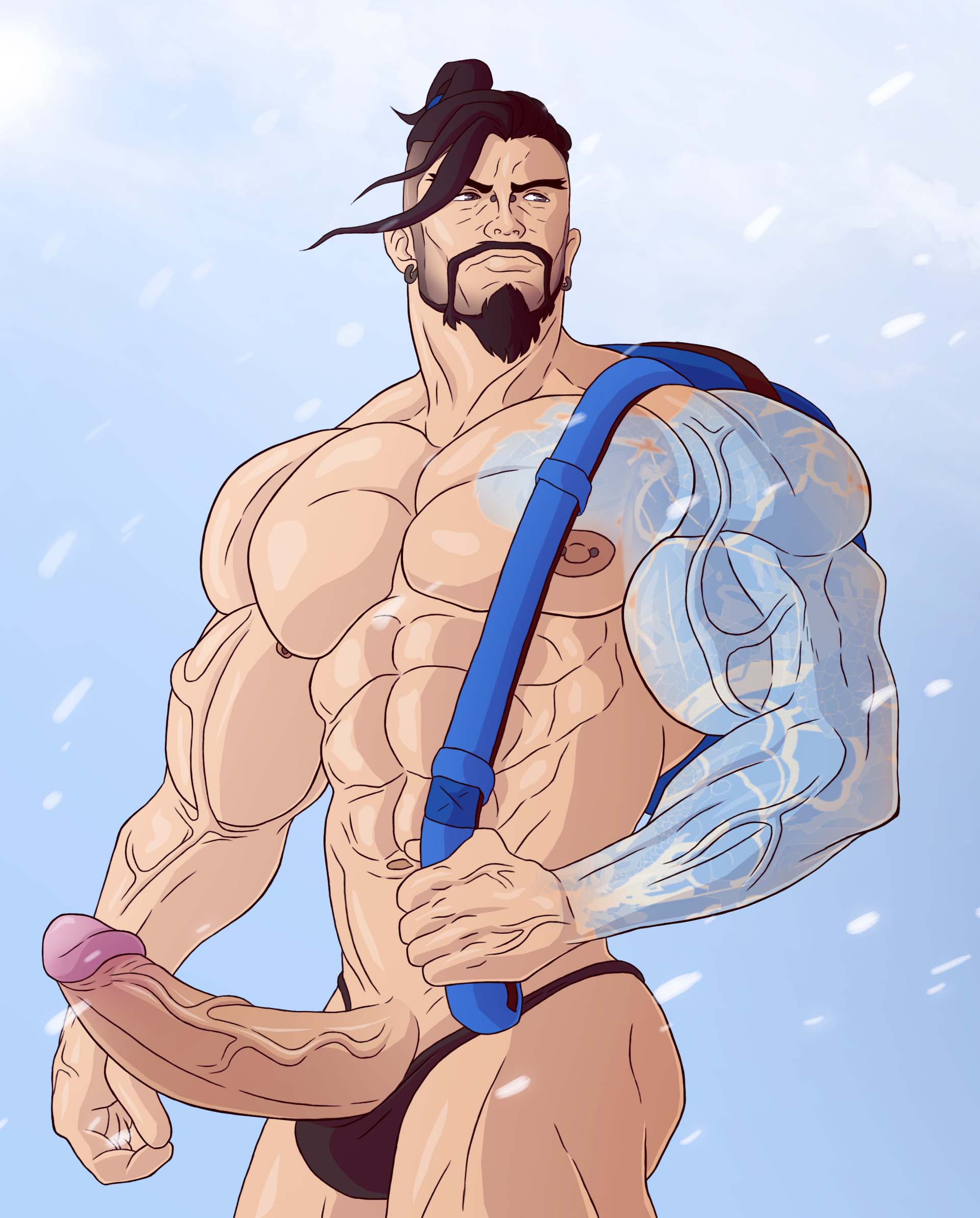 balls bara beard big_balls big_penis boner erection facial_hair hanzo jondessins male male_only muscles muscular overwatch penis solo solo_male tattoo tattooed_arm