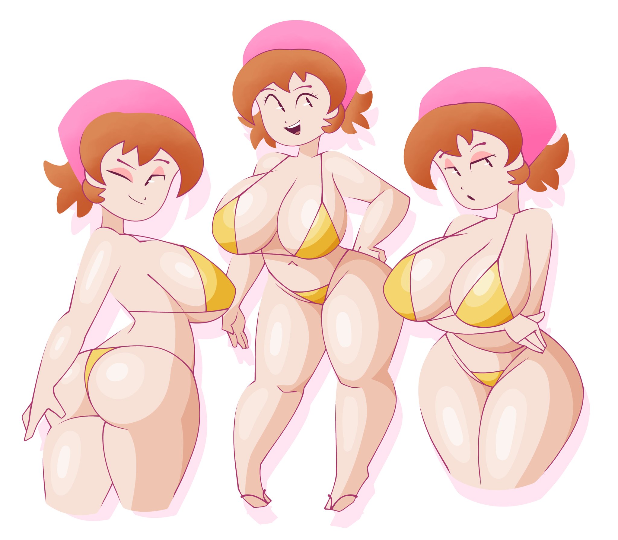 1girls, arms crossed, arms crossed under breasts, ass, big ass, big breasts, bikini, bikini bottom, bikini top, bottomwear, breasts, brown hair, cjdraws 3, cleavage, cooking mama, crossed arms, female, female only, full body, hair, hand on hip, headwear, hips, huge breasts, looking back, mama (cooking mama), mature, mature female, mature woman, milf, mother, multiple views, smile, solo, solo female, swimwear, thighs, topwear, wide hips, yellow bikini