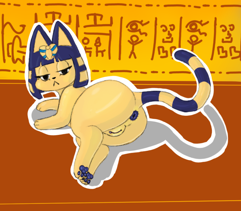 animal_crossing ankha_(animal_crossing) anus ass big_butt blue_anus blue_hair blue_pawpads domestic_cat felid feline felis female feral feralized frown fur genitals hair half-closed_eyes hieroglyphics hime_cut humanoid_genitalia humanoid_genitalia_on_feral humanoid_pussy humanoid_pussy_on_feral looking_at_viewer lying mammal markings mrmystery_guy narrowed_eyes nintendo nude on_side pawpads paws presenting presenting_hindquarters pussy rear_view solo striped_markings striped_tail stripes tail tail_markings unimpressed yellow_body yellow_fur