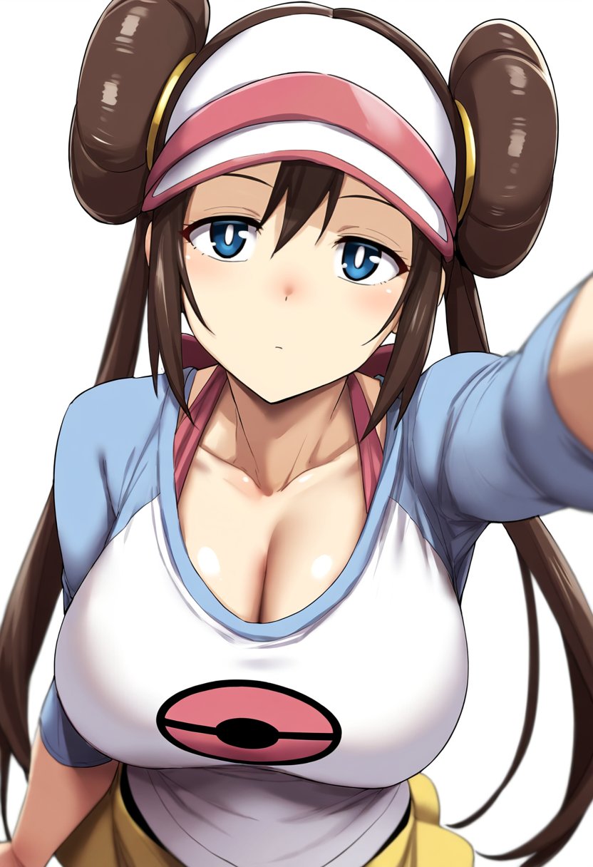 1girls ai_generated big_breasts blue_eyes breasts brown_hair cleavage clothed clothing double_bun emotionless fully_clothed game_freak hair_bun hat long_hair nintendo pokemon pokemon_bw2 rosa_(pokemon) tagme twintails visor_cap