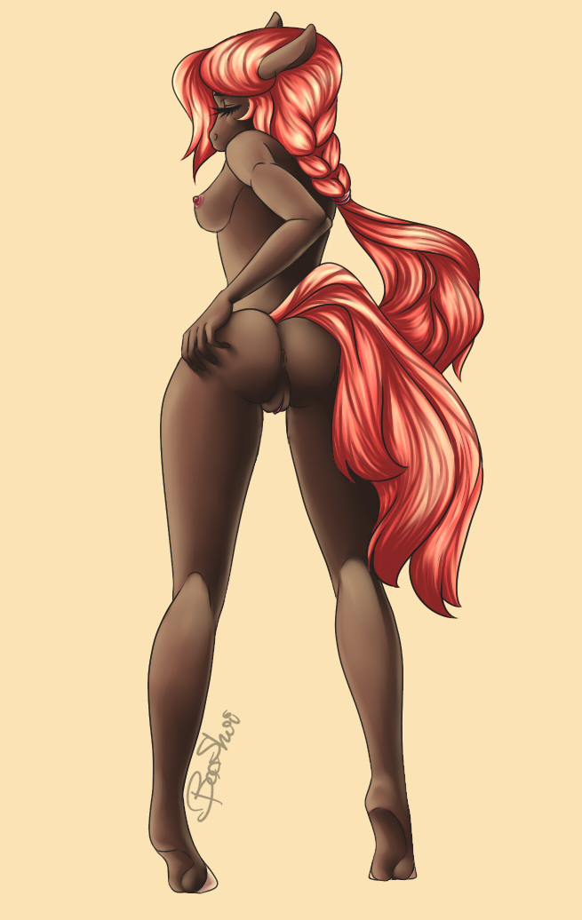 2015 anthro anus ass back booshii braided_hair brown_fur closed_eyes color equine erect_nipples female fur hair hand_on_ass hooves horse mammal nipples nude pink_hair pussy rear_view simple_background solo standing tan_background