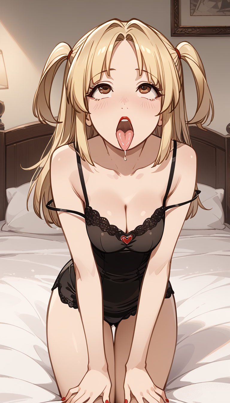 1girls ahe_gao ai_generated bangs bare_arms bare_shoulders bed bed_sheet black_camisole black_panties blonde_hair blush breasts breasts_squeezed_together brown_eyes camisole cleavage collarbone death_note drooling fingernails hands_on_own_thighs heart indoors kneeling leaning_forward lipstick long_hair looking_at_viewer looking_up makeup medium_breasts misa_amane nail_polish natsuyoru on_bed open_mouth oral_invitation panties parted_bangs pillow red_lips red_nails saliva seiza sitting solo strap_slip teeth thigh_gap thighs tongue tongue_out two_side_up underwear upper_teeth_only uvula