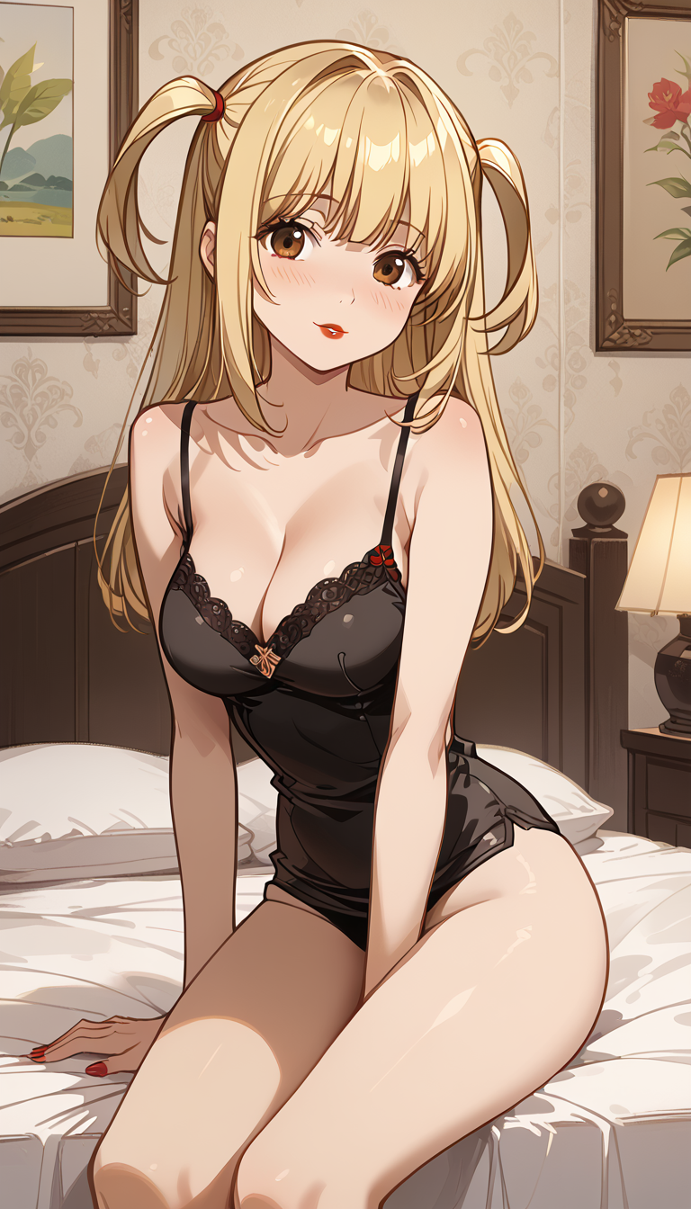 1girls :p ai_generated bangs bare_arms bare_shoulders bed between_legs black_camisole black_shirt blonde_hair blush breasts brown_eyes camisole cleavage collarbone death_note hand_between_legs indoors lamp large_breasts lipstick long_hair looking_at_viewer makeup medium_breasts misa_amane nail_polish natsuyoru on_bed painting_(object) parted_lips picture_frame pillow red_lips red_nails shirt sidelocks sitting sleeveless smile solo spaghetti_strap thighs tongue tongue_out two_side_up underwear