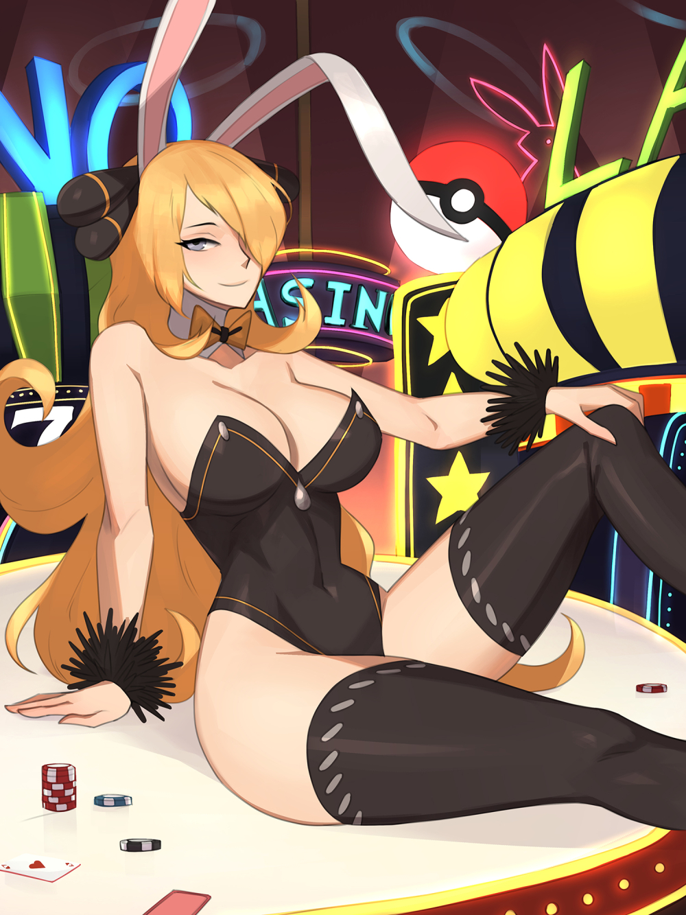 1girls 2d bare_shoulders barleyshake big_breasts black_legwear black_leotard blonde_hair breasts bunny_ears bunny_girl bunnysuit casino cleavage clothed clothed_female cynthia_(pokemon) detailed_background female grey_eyes hair_ornament hair_over_one_eye huge_breasts knee_up large_breasts leotard long_hair looking_at_viewer pokemon shoulders sitting sitting_on_desk smile solo thick thick_thighs thighhighs thighs tight_clothing