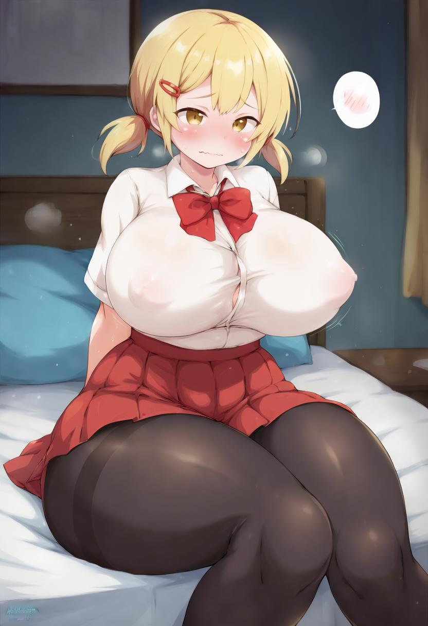 ai_generated bed blonde_hair bluvoll bouncing_breasts breast_jiggle button_gap large_ass large_breasts nipple_bulge nipples nipples_visible_through_clothing school_uniform sitting_on_bed stockings thick_thighs thighhighs twintails