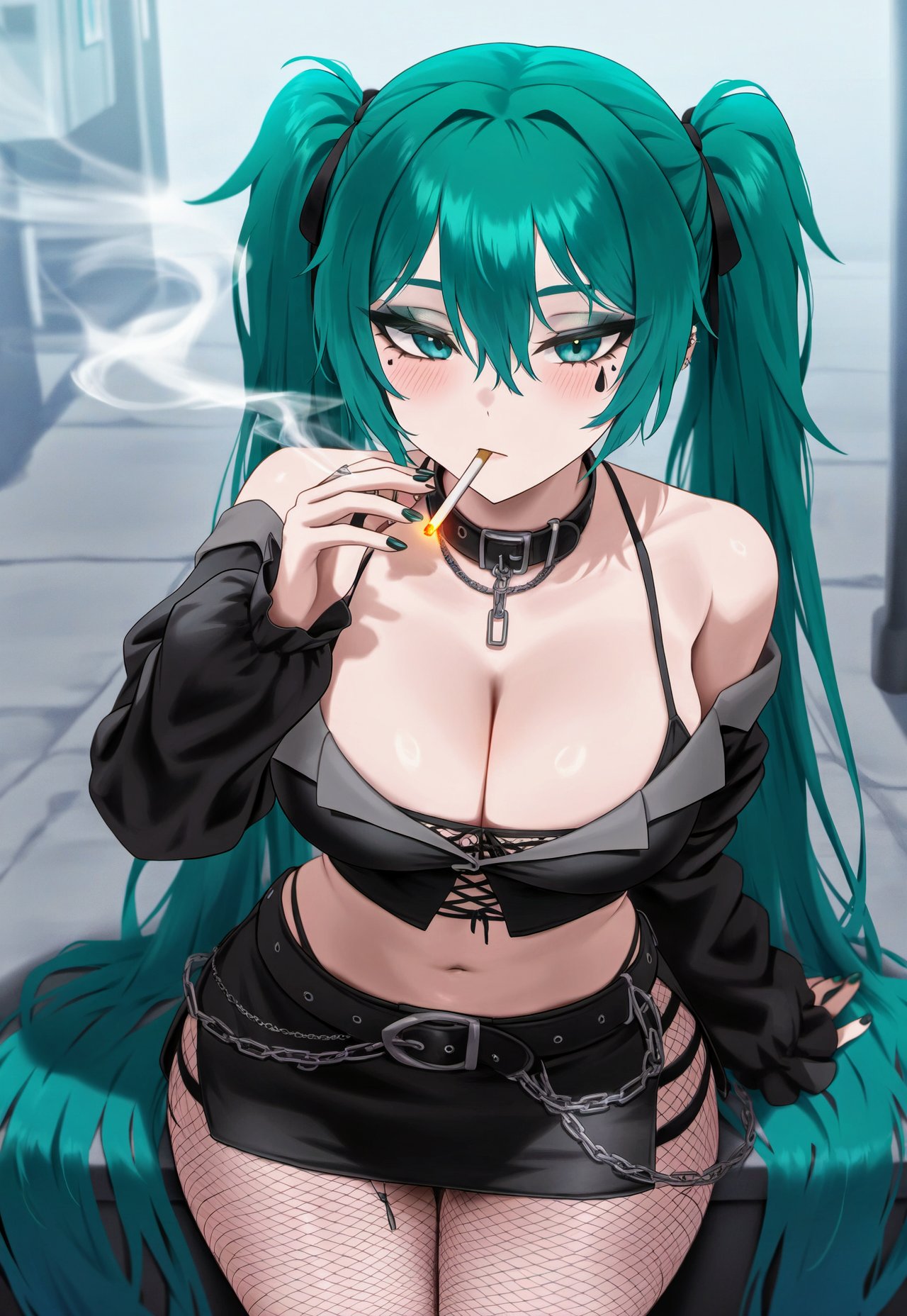 ai_generated annoyed_expression chains cigarette cigarette_in_mouth cleavage collar crop_top eyeshadow fishnets goth goth_girl hatsune_miku large_breasts makeup mascara miniskirt smoking teardrop_facial_mark twintails