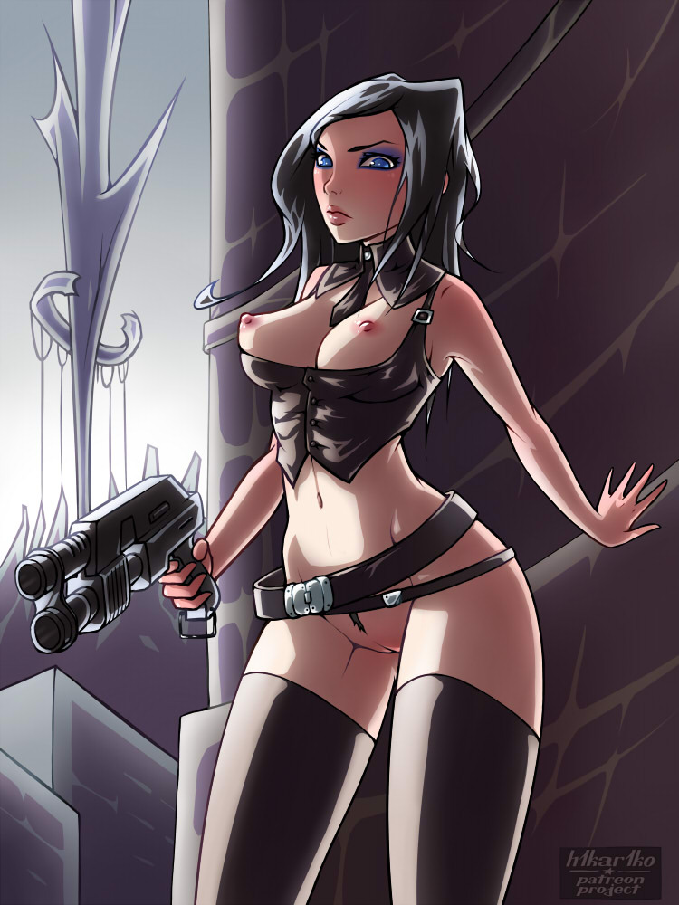 black_hair blue_eyes breasts ergo_proxy eyeshadow female gun h1kar1ko legs makeup navel nipples pubic_hair pussy re-l_mayer solo uncensored weapon