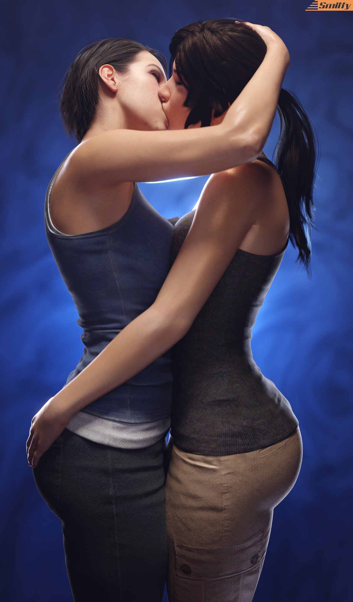 2girls 3d artist_name ass_grab bare_arms brown_hair capcom clothed_female clothing eyes_closed female female_only from_side groping hands_in_hair hands_on_ass jill_valentine kissing lara_croft lesbian long_hair making_out ponytail resident_evil resident_evil_3_remake shaved_armpit short_hair sleeveless sleeveless_shirt smitty34 source_request tank_top tomb_raider yuri