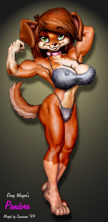 1999 anthro bikini biped breasts brown_body brown_hair bulge canid canine canis clothing collar domestic_dog eyelashes fitness flexing flexing_bicep floppy_ears green_eyes gynomorph hair intersex mammal muscular muscular_intersex nipple_outline pandora_(doug_winger) pink_collar pose silver_bikini snowman_(artist) solo sparkles sparkling_bikini sparkling_clothing sparkling_swimwear swimwear tail text tiptoes two-piece_swimsuit