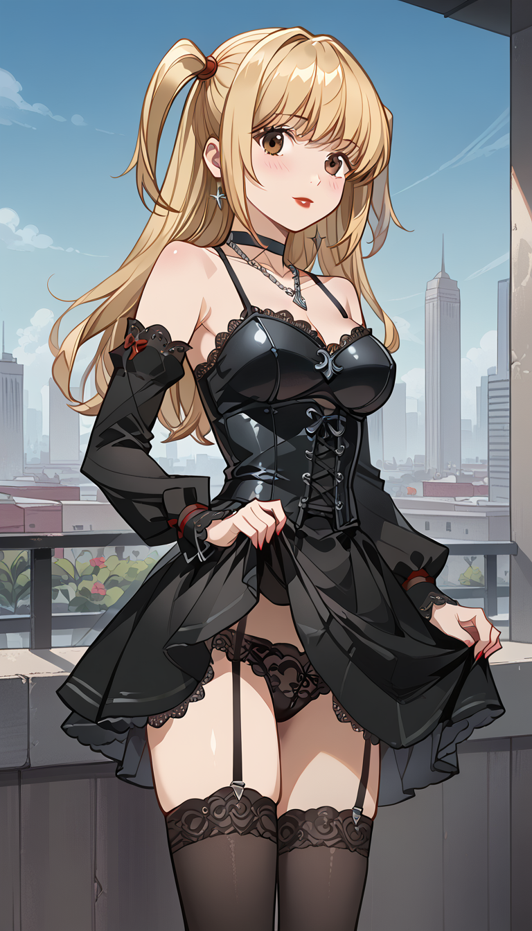 1girls :p ai_generated bangs bare_shoulders black_choker black_dress black_garter_straps black_panties black_sleeves black_thighhighs blonde_hair blue_sky blush breasts brown_eyes building choker city cityscape cleavage clothes_lift collarbone corset cowboy_shot cross cross_earrings cross_necklace day death_note detached_sleeves dress dress_lift earrings garter_straps jewelry lace lace_trim lifted_by_self lingerie lipstick long_hair long_sleeves looking_at_viewer makeup medium_breasts misa_amane nail_polish natsuyoru necklace outdoors panties parted_lips red_lips red_nails skirt skirt_lift sky solo spaghetti_strap standing thighhighs thighs tongue tongue_out two_side_up underwear