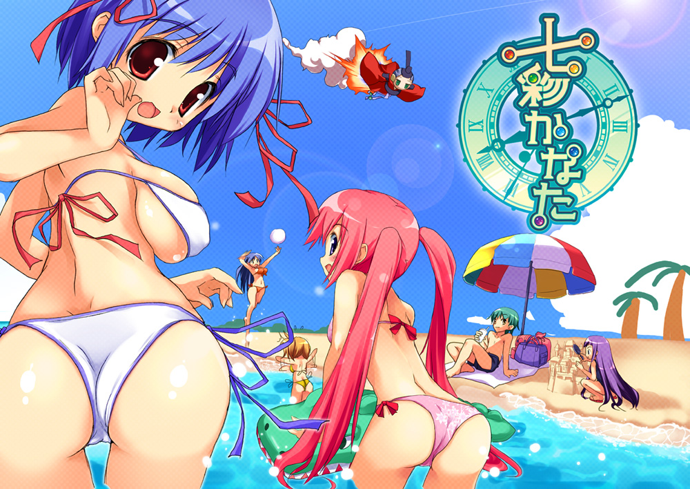 1boy 5girls ass ball beach bikini blonde_hair blue_eyes blue_hair breasts brown_eyes brown_hair day from_behind green_eyes green_hair hair_ribbon hitachi_kokona izumi_matsuri japanese_clothes large_breasts lens_flare long_hair looking_at_viewer looking_back multiple_girls nanairo_kanata outdoors parasol pink_hair purple_hair red_eyes red_hair ribbon sand_castle sand_sculpture short_hair side-tie_bikini_bottom sideboob sumire_hime swimsuit towel twintails umbrella underboob very_long_hair wading wakatsuki_himawari water yoshiwo yuuhi_(nanairo_kanata)