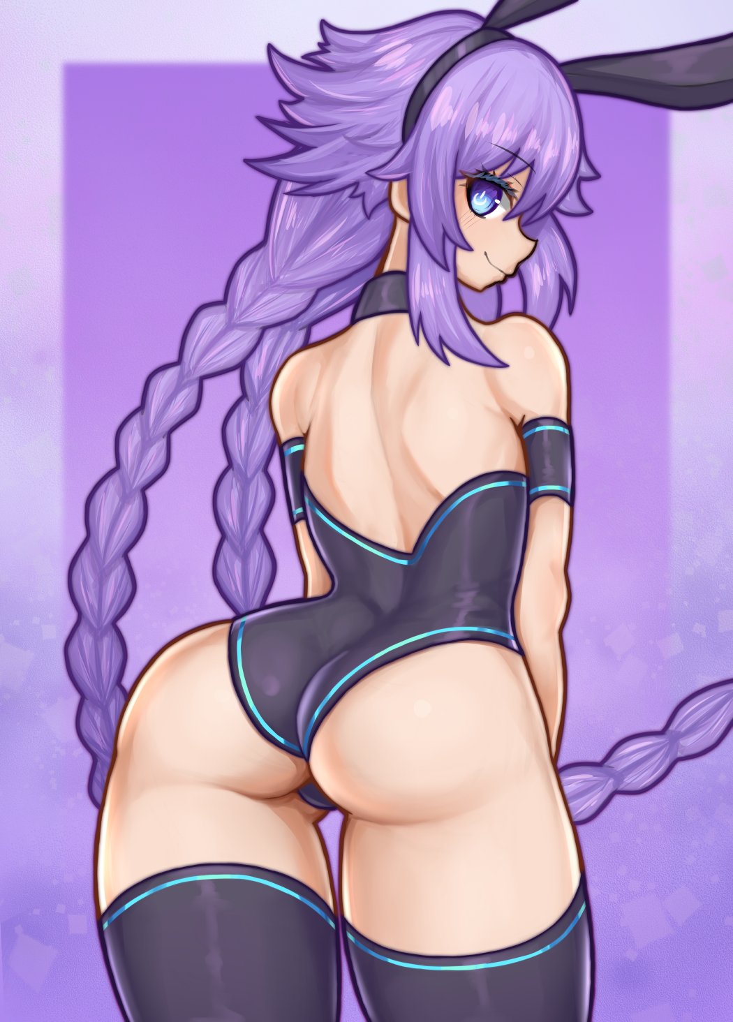 1girls ass ass_focus backless_outfit bare_back bare_shoulders best_girl blue_eyes braided_hair braided_twintails bubble_butt bunny_ears compile_heart female female_only goddess human idea_factory large_ass long_hair looking_at_viewer looking_back neptune_(neptunia) neptunia_(series) nerosynt pale-skinned_female pale_skin playboy_bunny power_symbol-shaped_pupils purple_background purple_hair purple_heart_(neptunia) spankable_ass stockings thick_thighs