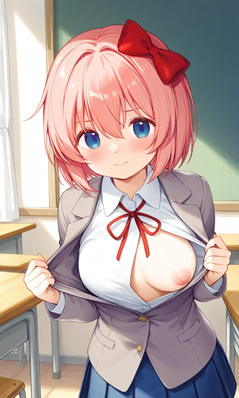 ai_generated cute doki_doki_literature_club one_breast_out sayori_(doki_doki_literature_club) striptease