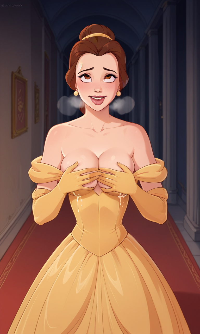 ai_generated ass belle belle_(beauty_and_the_beast) bigmic145 breasts cleavage disney disney_princess dress elbow_gloves female lactating lactation princess sexually_suggestive solo_female yellow_dress