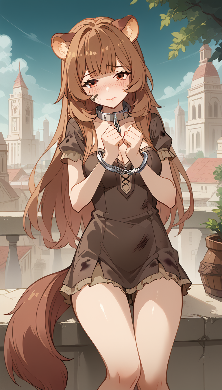 1girls ai_generated animal_ear_fluff animal_ears ass_visible_through_thighs bangs blue_sky blunt_bangs blush bound breasts brick_wall brown_dress brown_eyes brown_hair building chains city cleavage closed_mouth cloud collar collarbone crying crying_with_eyes_open cuffs day dirty dress feet_out_of_frame frilled_dress frills handcuffs hands_up long_hair looking_at_viewer medium_breasts metal_collar natsuyoru outdoors puffy_short_sleeves puffy_sleeves raccoon_ears raccoon_girl raccoon_tail raphtalia red_eyes shackles short_dress short_sleeves sitting sky slave solo tail tate_no_yuusha_no_nariagari tearing_up tears the_rising_of_the_shield_hero thigh_gap thighs tower very_long_hair