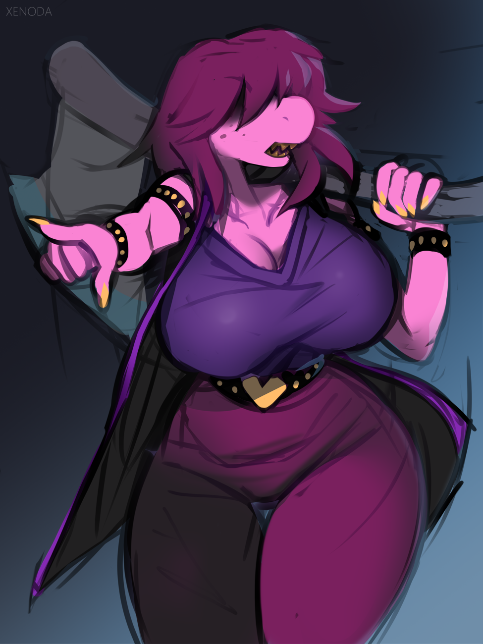 <3 1girl 2018 anthro axe belt belt_buckle bracelet clothed clothed_female curvy curvy_female curvy_figure deltarune female female_anthro female_focus female_only fully_clothed hair_over_eyes heart heart_buckle high_resolution huge_breasts no_humans no_sex pointing_at_viewer scalie sharp_claws sharp_teeth sketch sleeveless sleeveless_jacket sleeveless_shirt solo solo_female solo_focus susie_(deltarune) thick_thighs tight_clothing undertale_(series) xenoda