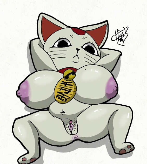 anthro areola ass bell bell_collar belly big_breasts big_butt breasts collar dandadan domestic_cat felid feline felis female foxchen fur genitals looking_at_viewer mammal maneki-neko nipples nude pubes pussy short_stack simple_background slightly_chubby slightly_chubby_female solo turbo_granny_(dandadan) white_body white_fur