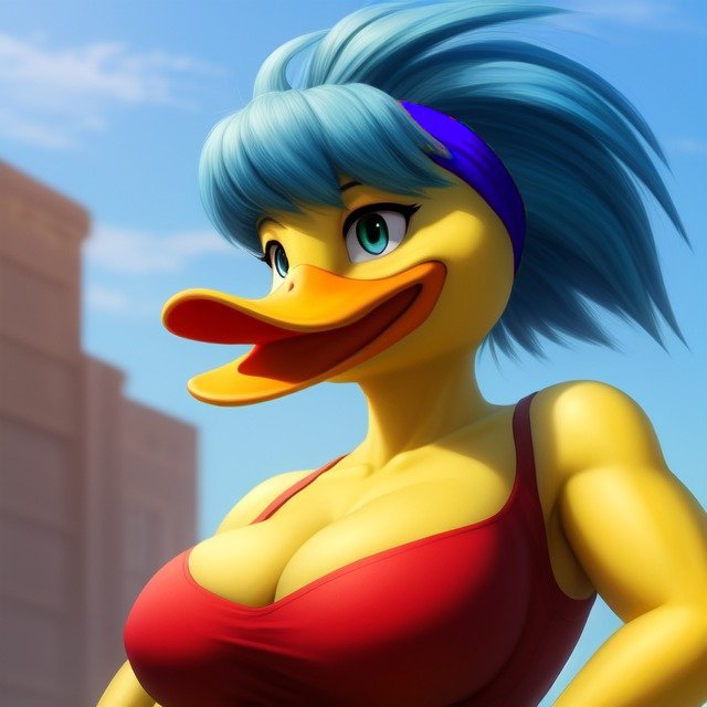 ai ai_generated avian avian_humanoid bernice_florence_hufnagel_(duckman) bernice_hufnagel big_breasts blue_eyes blue_hair cartoon city_background duck duck_girl female quack spandex sweatband