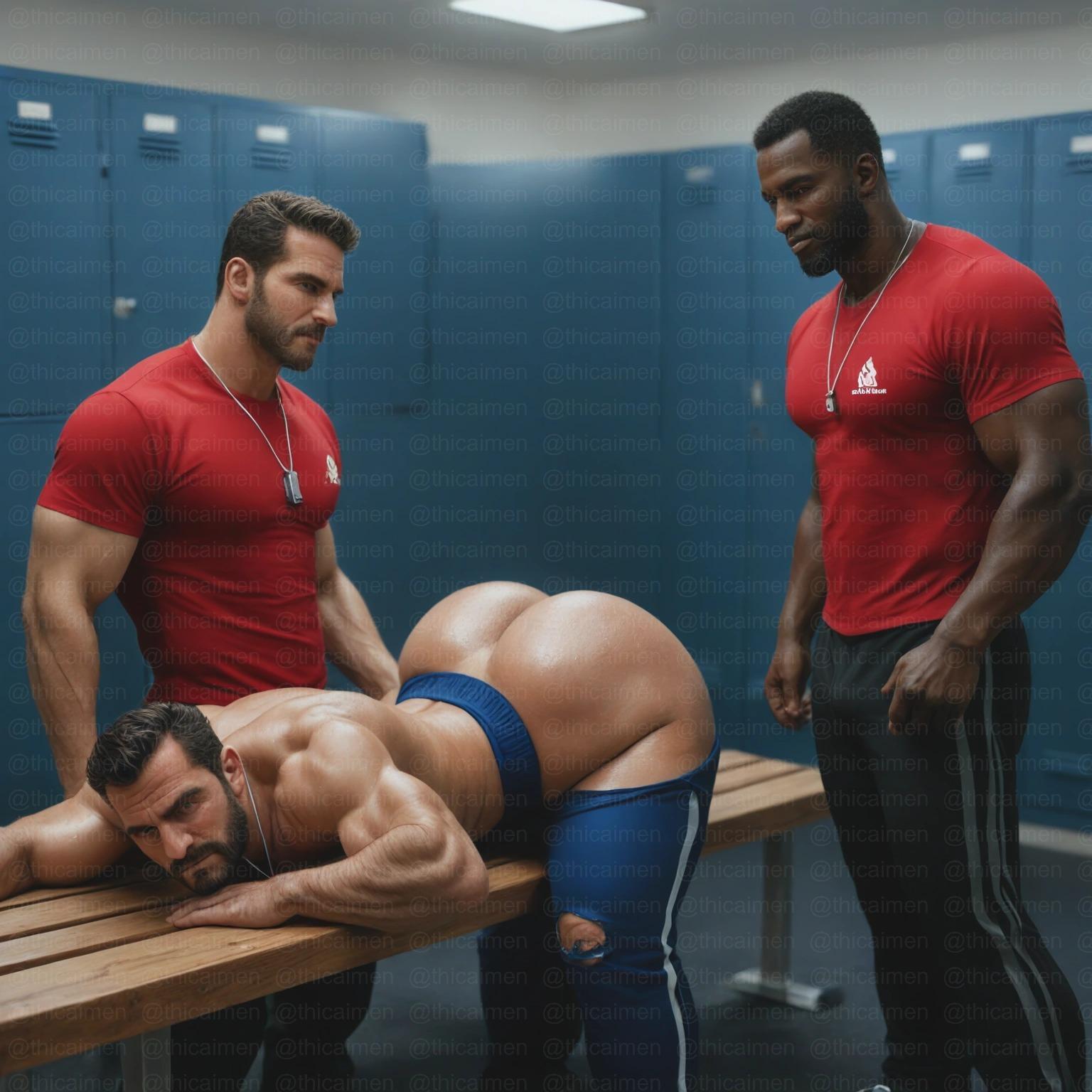 4boys ai_generated ass_focus athletes baseball_cap big_ass big_ass_(male) big_butt bottom_heavy bottom_heavy_male coach dark-skinned_male gay huge_ass huge_butt locker_room muscular_male solo_focus thicaimen thick_thighs voluptuous voluptuous_male