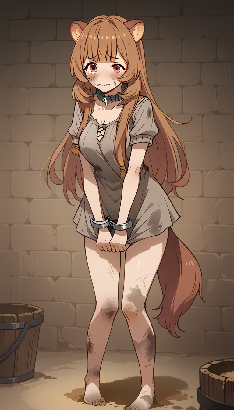 1girls ai_generated animal_ear_fluff animal_ears bangs barefoot barrel blunt_bangs blush breasts brick_wall brown_dress brown_hair bucket cleavage closed_mouth collar collarbone crying crying_with_eyes_open cuffs dirty dirty_clothes dirty_feet dress embarrassed feet full_body grey_dress grey_shirt handcuffs indoors long_hair looking_at_viewer medium_breasts metal_collar natsuyoru pigeon-toed prison puffy_short_sleeves puffy_sleeves raccoon_ears raccoon_girl raccoon_tail raphtalia red_eyes shackles short_dress short_sleeves sidelocks slave solo standing tail tate_no_yuusha_no_nariagari tearing_up tears the_rising_of_the_shield_hero toes very_long_hair wavy_mouth wet