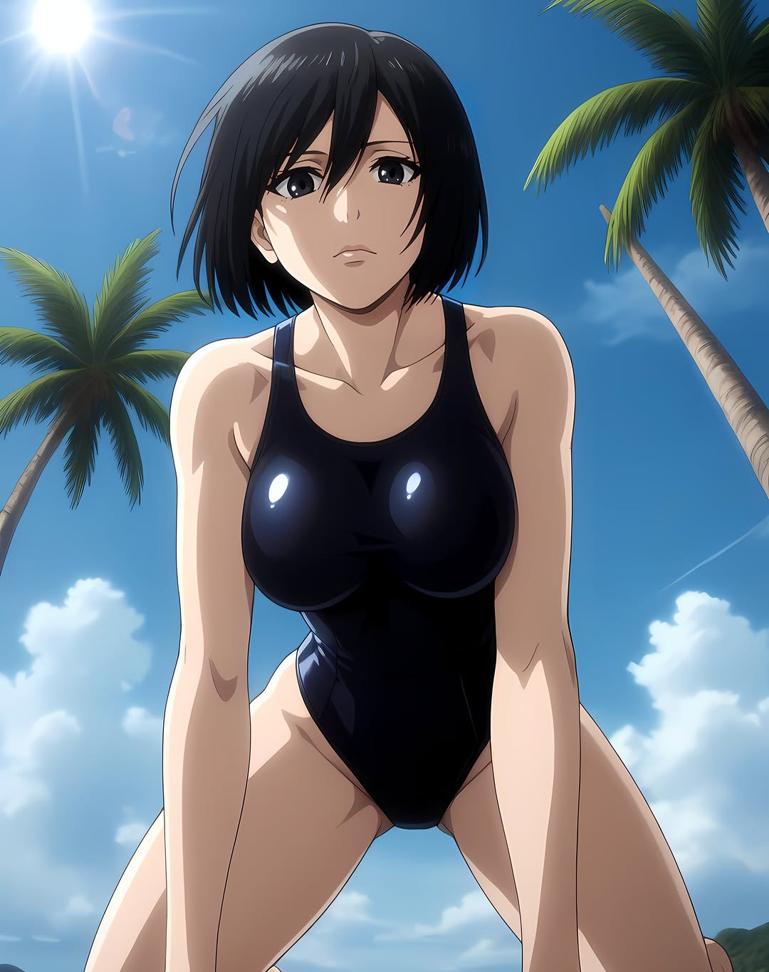 2025 ai_generated attack_on_titan beach black_eyes black_hair black_swimsuit crunchyroll instagram looking_at_viewer meta mikasa_ackerman moewaifuplus