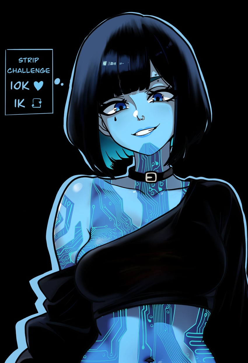 black_hair blue_skin choker cortana goth halo navel nose_piercing redpostit smile smiling_at_viewer two_tone_hair