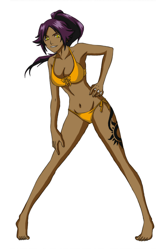 1girls medium_breasts orange_bikini shihouin_yoruichi tagme tattoo_on_legs