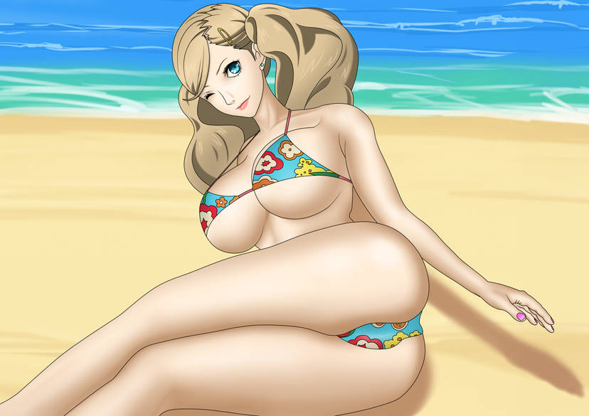 1girls 2d ann_takamaki ass beach bikini blonde_hair blue_bikini blue_eyes blue_swimsuit breasts earrings hairclip large_breasts looking_at_viewer ocean outside painted_fingernails pattern_bikini pattern_swimsuit persona persona_5 saeniijima swimsuit twintails water