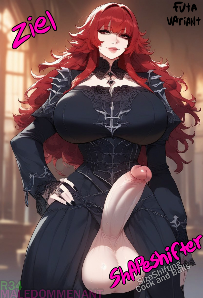 ai_generated bangs belly_button big_breasts big_penis black_clothing black_eyelashes black_eyeliner blush bottomless choker civitai exposed_balls exposed_penis eyelashes futanari gothic hard_nipples huge_cock long_hair massive_balls massive_penis original_character pushing_breasts_together red_hair shaggy_hair smiling_at_viewer