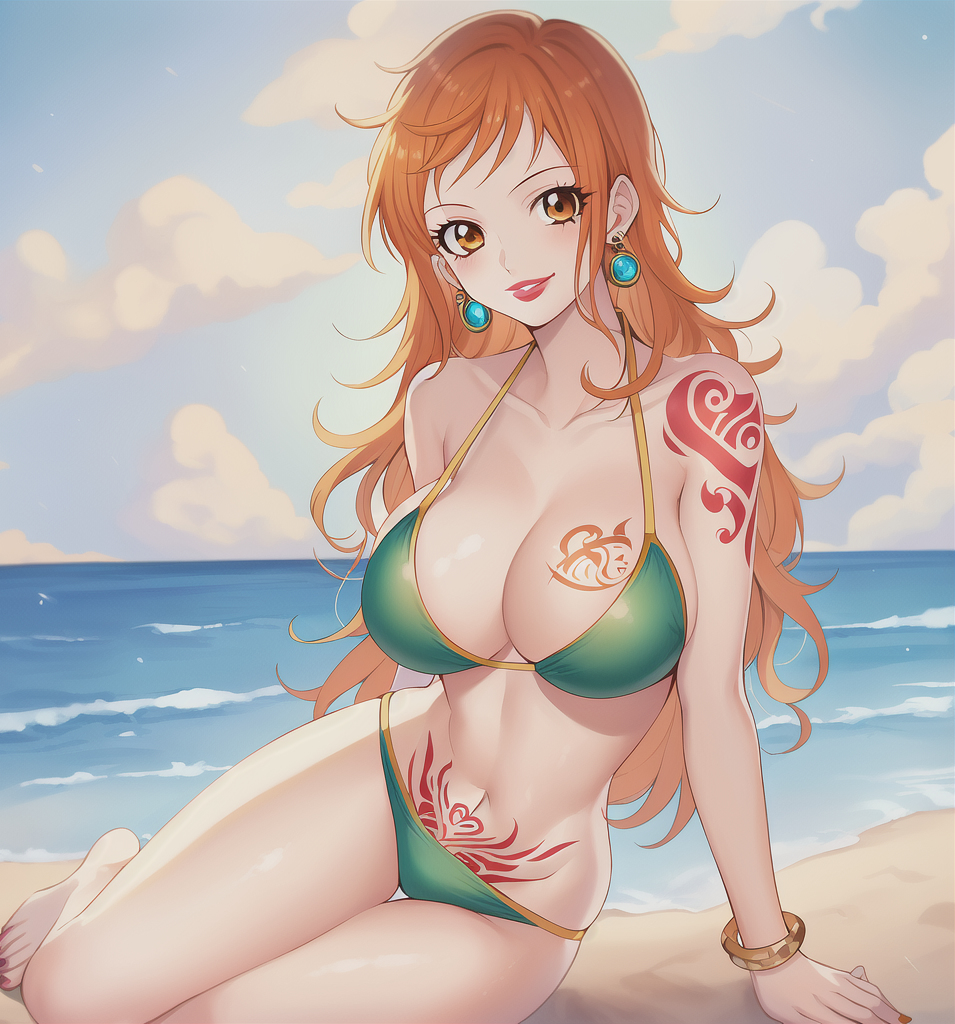 1girls arm_tattoo beach bikini breast_tattoo female female_only large_breasts long_hair nami nami_(one_piece) one_piece post-timeskip prixmal pubic_tattoo