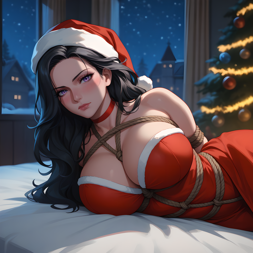 ai_generated arms_behind_back big_breasts black_hair blush bound bound_arms choker christmas christmas_tree cleavage eogard_orc laying_on_stomach night_sky on_bed purple_eyes red_choker rope_between_breasts rope_bondage santa_costume santa_hat self_upload snowing stable_diffusion the_witcher_(series) the_witcher_3:_wild_hunt yennefer