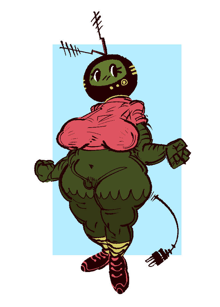 1girls antennae big_ass big_breasts big_butt bottom_heavy bottomless bottomless_female chubby chubby_female egstym female female_focus female_only green_body oc original_character plug_tail pussy red_crop_top solo solo_female solo_focus tv tv_head zombie zombie_girl