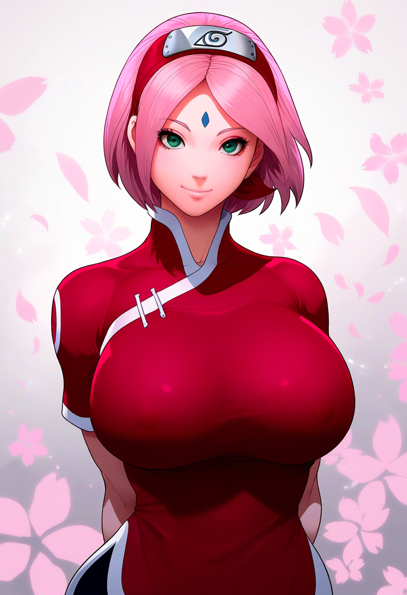 ai_generated china_dress forehead_mark forehead_protector green_eyes hands_behind_back large_breasts naruto_(series) naruto_shippuden pink_hair qipao red_qipao sakura_blossoms sakura_haruno sakura_haruno sakura_petals self_upload selvokaz smile upper_body