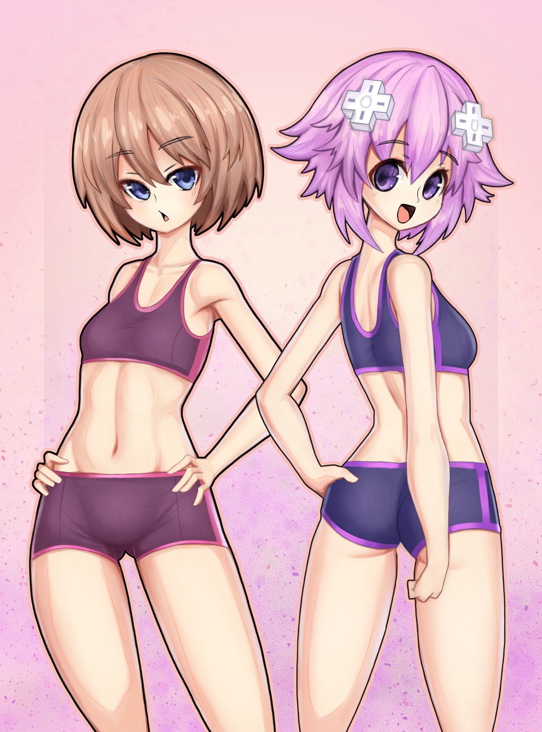 2girls armpits bare_shoulders best_girl blanc blue_eyes breasts chin_length_hair compile_heart d-pad_hair_ornament female female_only flat_chest flat_chested goddess gym_clothes hair_ornament hands_on_hips human idea_factory light_brown_hair lilac_hair looking_at_viewer midriff midriff_baring_shirt navel neptune_(neptunia) neptunia_(series) nerosynt pale-skinned_female pale_skin petite petite_female purple_hair shorts small_breasts sports_bra workout_clothes