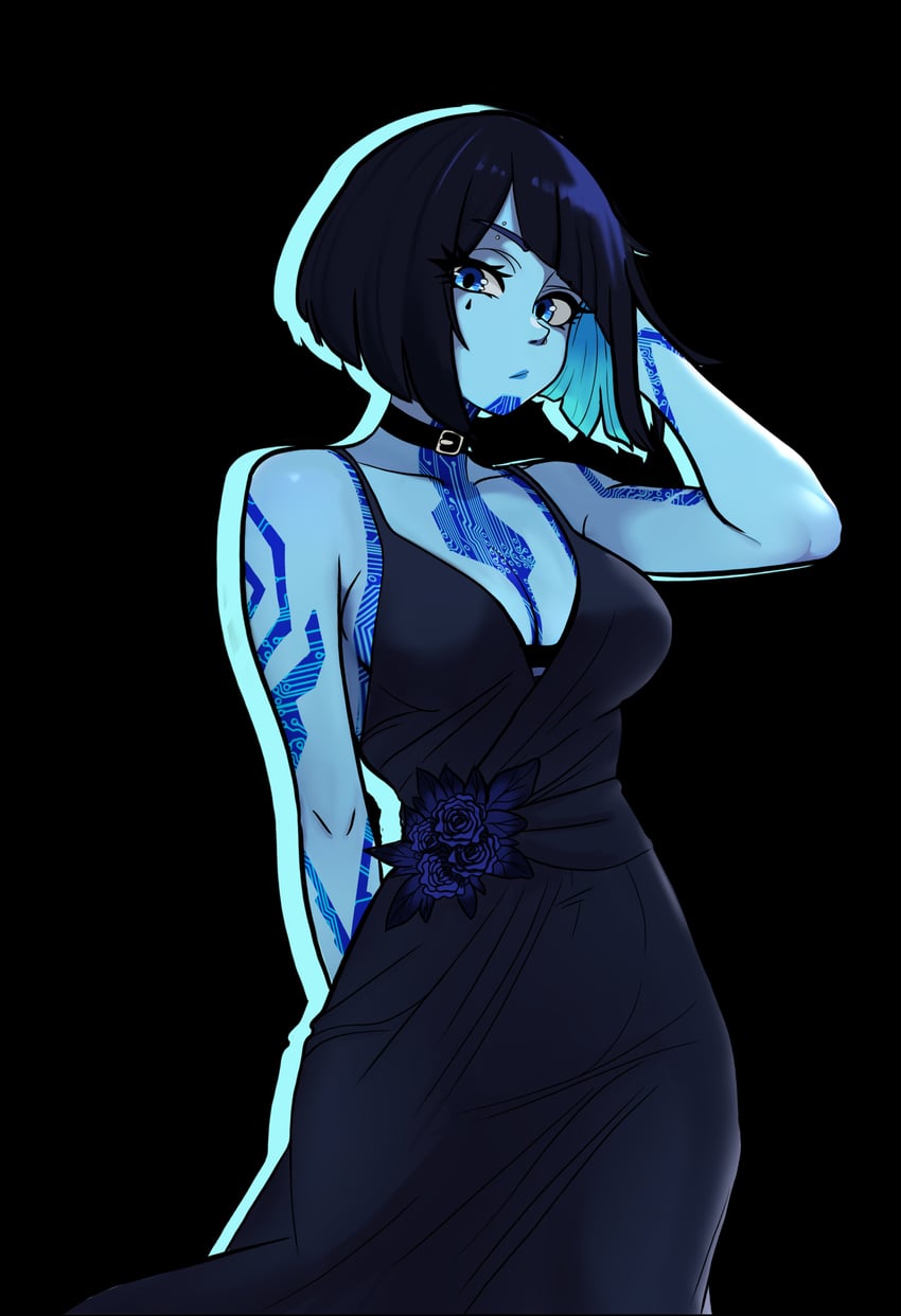 black_dress black_hair blue_skin chocker choker cleavage cortana dress halo large_breasts redpostit two_tone_hair