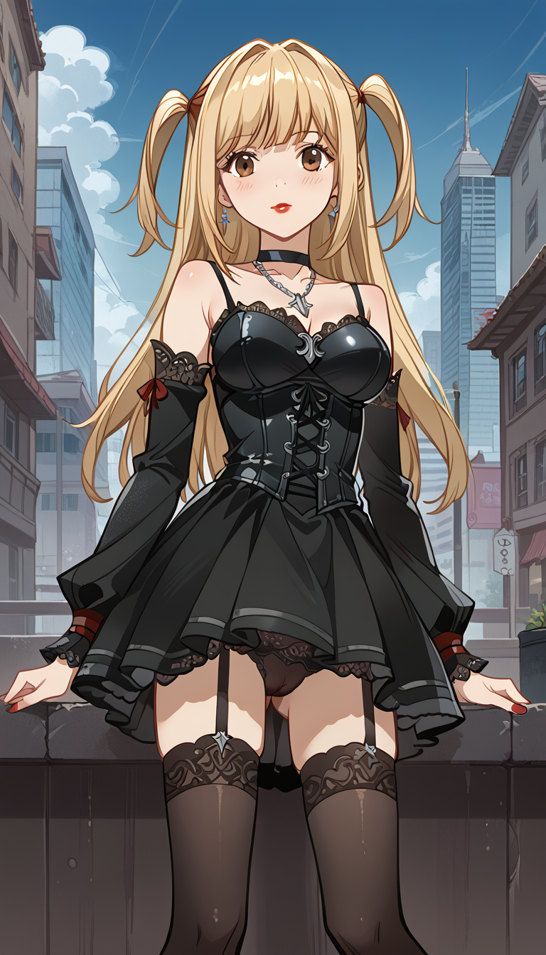 1girls ai_generated arms_at_sides ass_visible_through_thighs bangs bare_shoulders black_choker black_dress black_garter_straps black_panties black_sleeves black_thighhighs blonde_hair blue_sky blush breasts brown_eyes building cameltoe choker city cleavage cloud collarbone corset cross cross_earrings cross_necklace day death_note detached_sleeves dress earrings frills garter_straps gothic_lolita hair_intakes jewelry lace_trim lipstick lolita_fashion long_hair long_sleeves looking_at_viewer makeup medium_breasts misa_amane nail_polish natsuyoru necklace outdoors panties pantyshot parted_lips red_lips red_nails short_dress sky sleeveless_dress solo spaghetti_strap standing thighhighs two_side_up underbust underwear upskirt