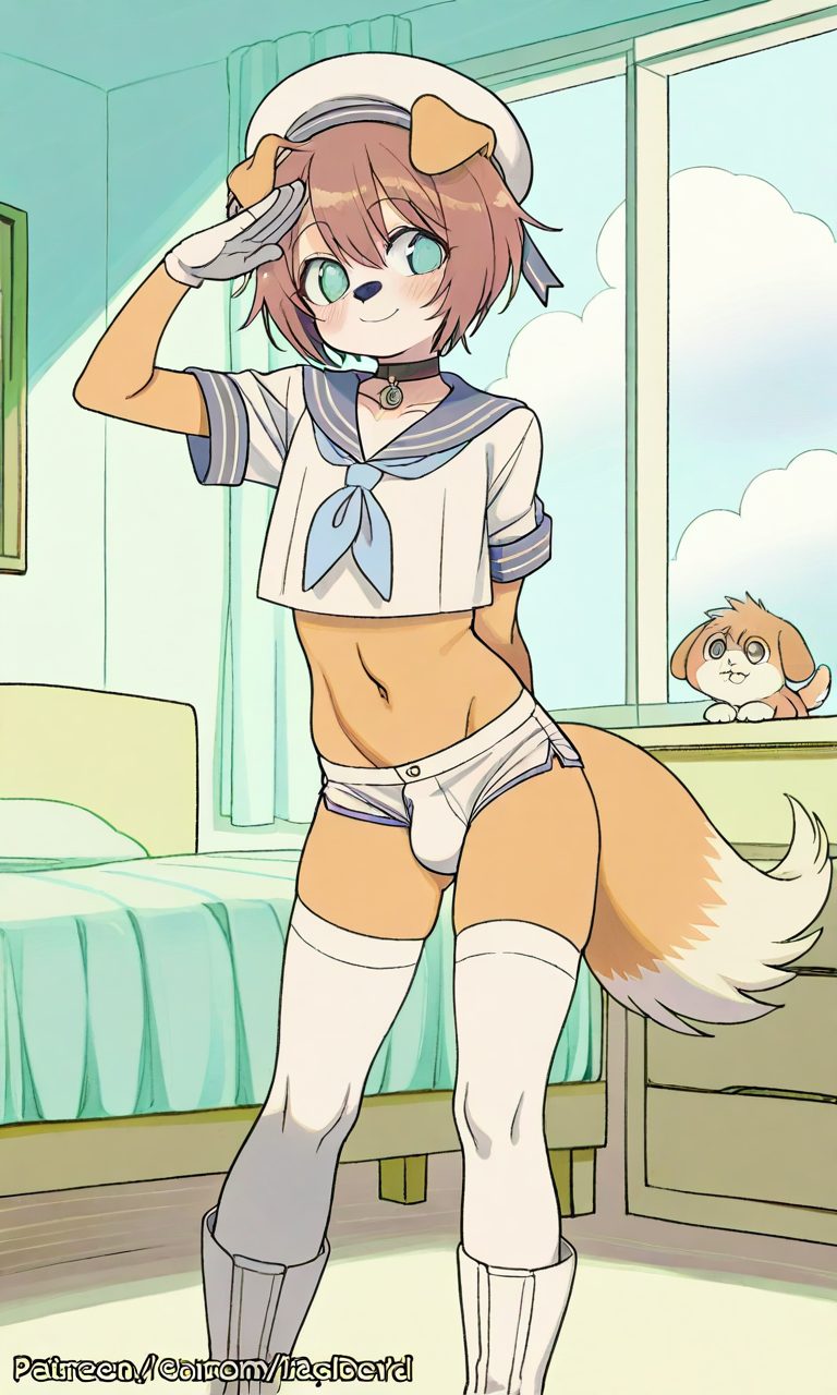 1boy ai_generated blue blue_eyes boy choker cute cute_face femboy femboy_focus fox furry male male_only masterpiece panties sailor_uniform