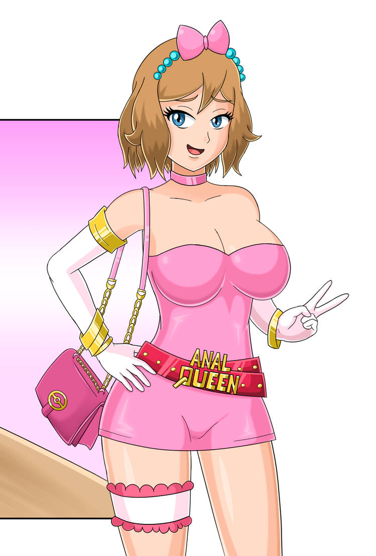 1girls belt blue_eyes bracelets breasts brown_hair choker dress elbow_gloves gloves hairbow hand_on_hip handbag large_breasts looking_at_viewer nintendo pink_dress pink_handbag pink_purse pokemon pokemon_xy purse satosatori serena_(pokemon) short_hair thigh_strap v