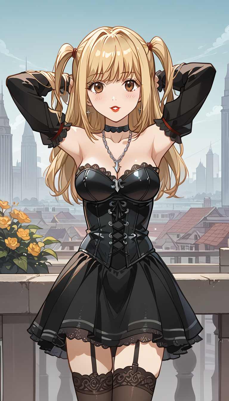 1girls ai_generated armpits arms_behind_head arms_up balcony bangs bare_shoulders black_choker black_corset black_dress black_garter_straps black_skirt black_sleeves black_thighhighs blonde_hair blue_sky blush breasts brown_eyes brown_thighhighs building choker city cityscape cleavage collarbone corset cowboy_shot cross cross-laced_clothes cross_earrings cross_necklace day death_note detached_sleeves dress earrings flower frills garter_straps jewelry lace_trim large_breasts lipstick long_hair long_sleeves looking_at_viewer makeup medium_breasts misa_amane mole natsuyoru necklace orange_flower outdoors parted_lips railing red_lips rose short_dress skirt sky smile solo standing strapless strapless_dress thighhighs two_side_up yellow_flower zettai_ryouiki