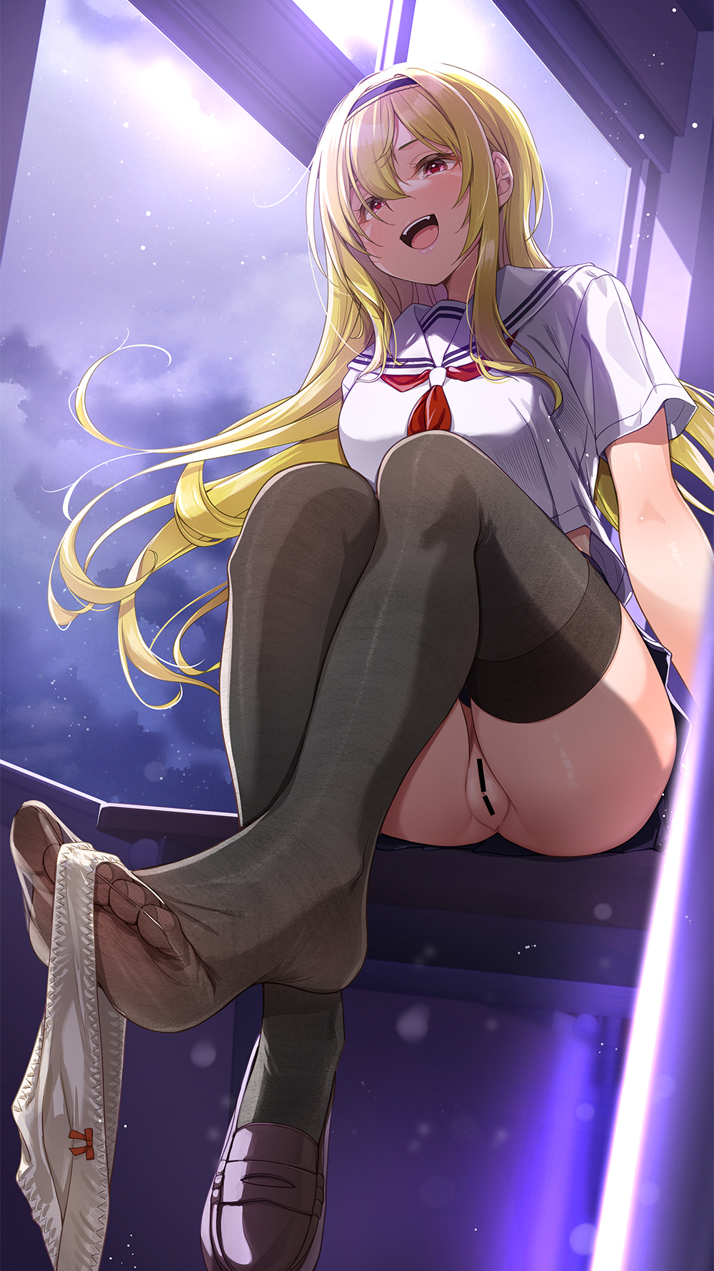 black_hairband black_thighhighs blonde_hair blush breasts classroom cloud cloudy_sky commentary_request desk female hair_between_eyes hairband highres idolmaster idolmaster_cinderella_girls indoors kurosaki_chitose loafers long_hair looking_at_viewer medium_breasts mk_(mod0) neckerchief night night_sky on_desk open_mouth panties panties_around_toe panty_pull red_eyes red_neckerchief sailor_collar school_uniform serafuku shirt shoes short_sleeves sidelocks single_shoe sitting skirt sky solo thighhighs toes underwear white_panties white_sailor_collar white_serafuku white_shirt window