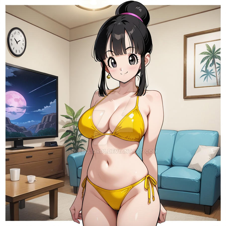 1girls ai_generated anime bikini black_hair chichi dragon_ball female female_focus female_only gold_bikini human human_only indoors looking_at_viewer mature mature_female milf nerdlord1 standing watermark yellow_bikini