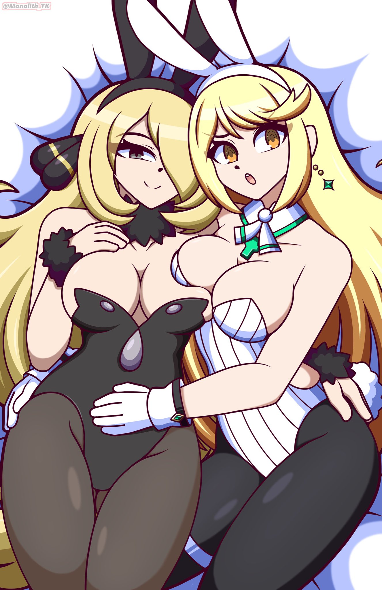 2girls alternate_costume breasts crossover cynthia_(pokemon) female female_only jpeg monolith_tk mythra nintendo pokemon tagme xenoblade_(series) xenoblade_chronicles_2