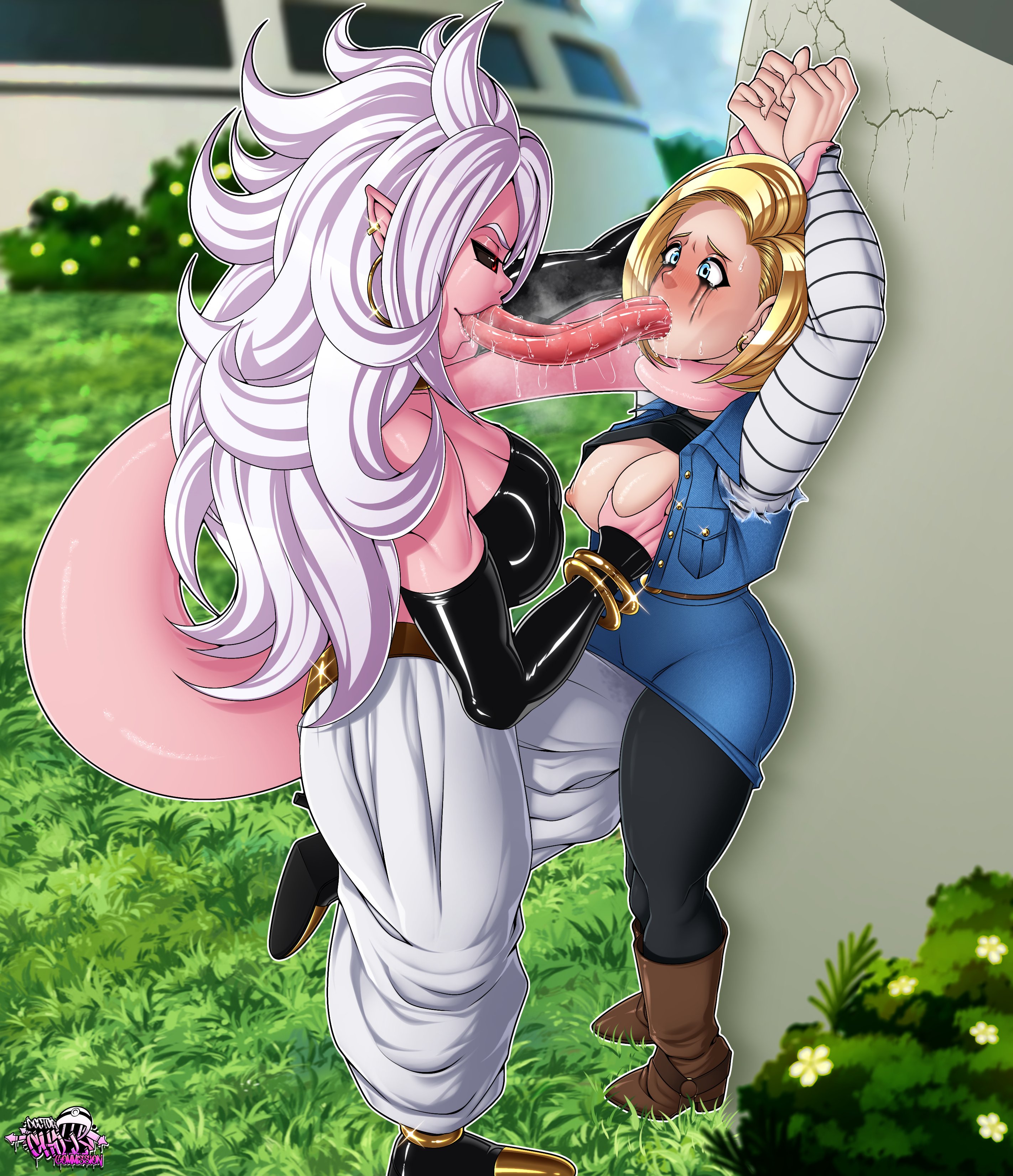 2girls, android 18, android 21, arms up, big ass, big breasts, blonde hair, breast grab, breasts, bubble butt, doctorch1ll, dragon ball, dragon ball z, earrings, extreme french kiss, female, female only, female/female, femdom, femsub, fluffy, groping, kneeling, lezdom, long tongue, majin android 21, nipples, open mouth, penetration, raped female, runny makeup, saliva, tears, tongue, tongue in mouth, wide eyed, yuri